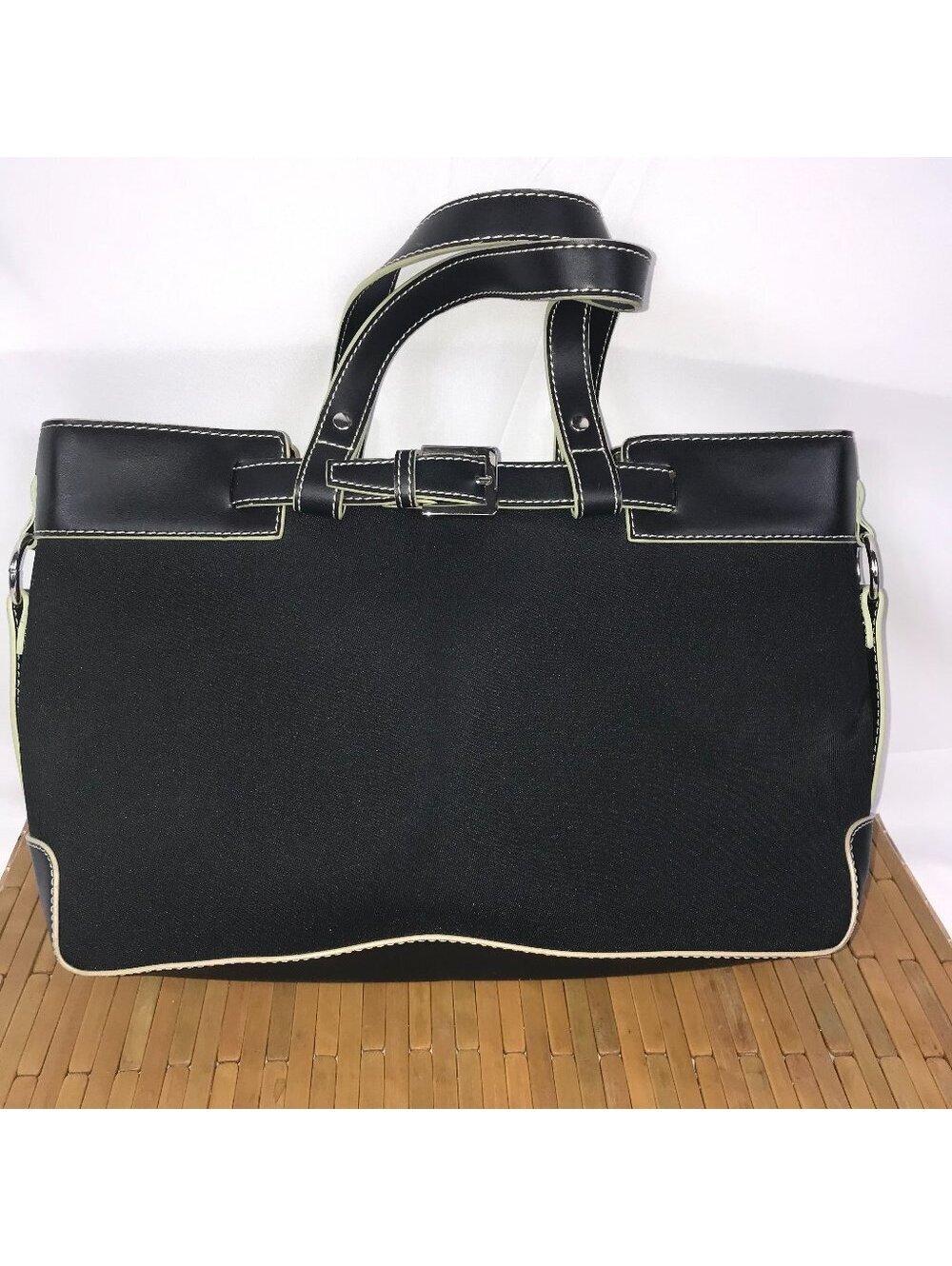 Etienne Aigner Black Structured Tote Bag with Stitching and Buckle Detail